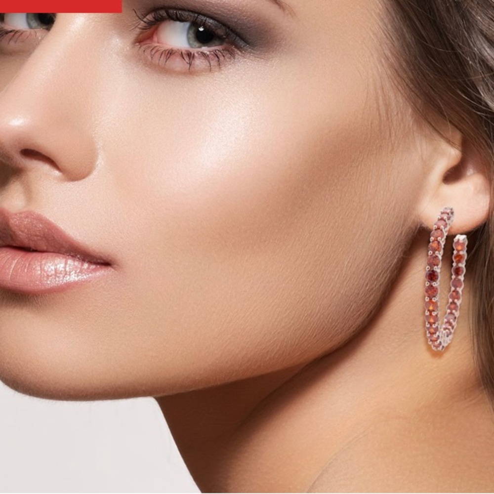 AAA Simulated Red Diamond Inside Out Hoop Earrings in Rosetone . New
